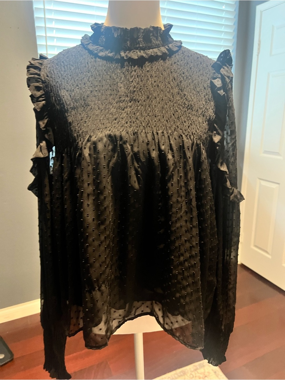 New Zara Black Ruffled Swiss Dot Blouse. Perfect for any outing. Size XL
